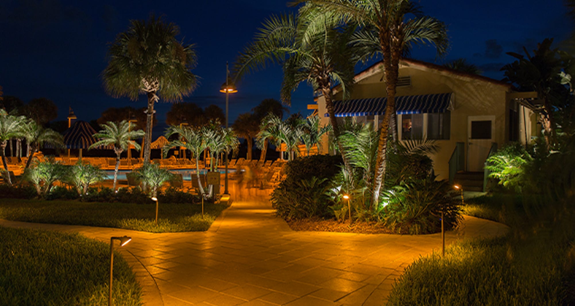 lights, house with trees and walkway