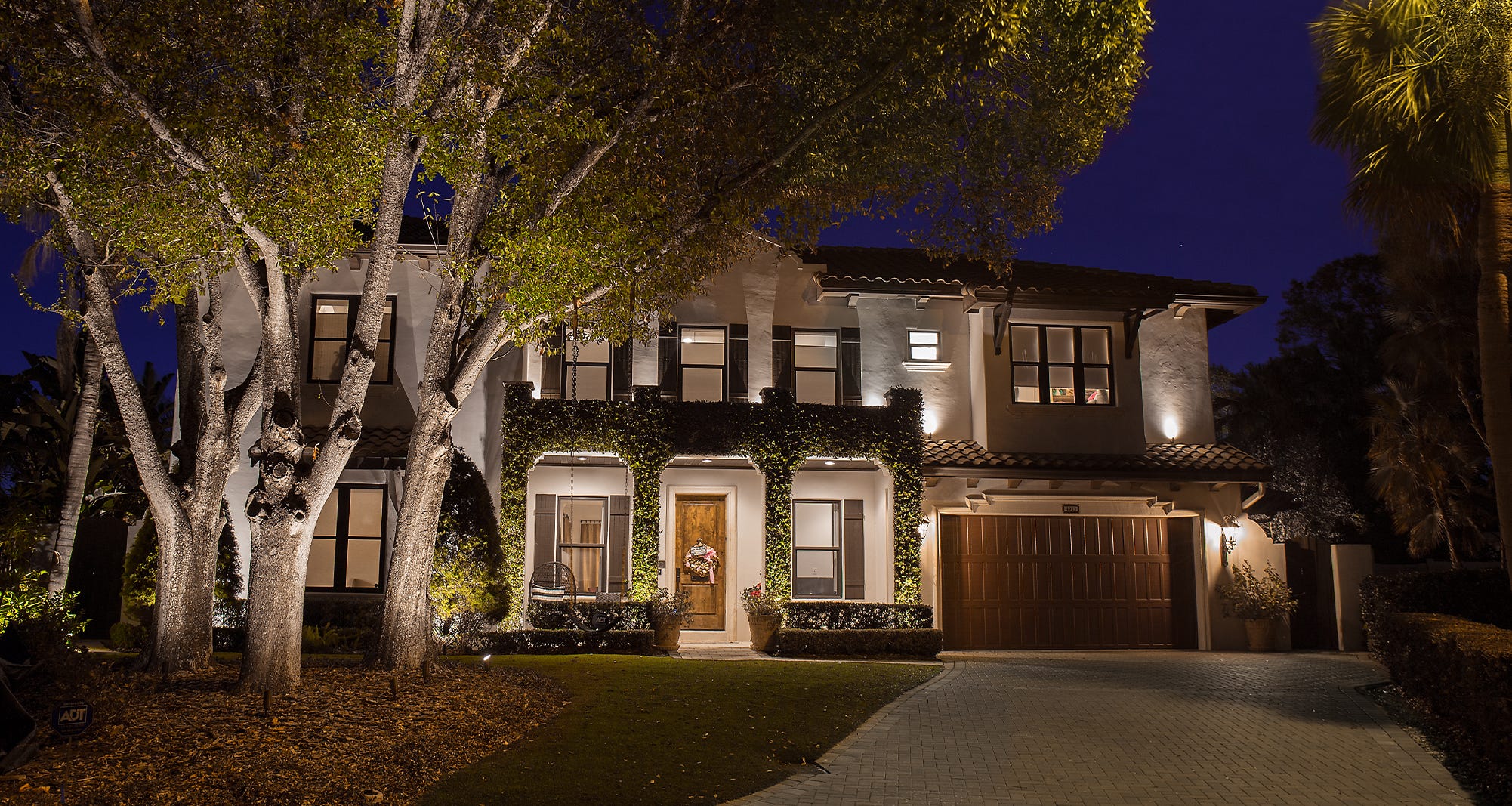 lights, house with trees and walkway